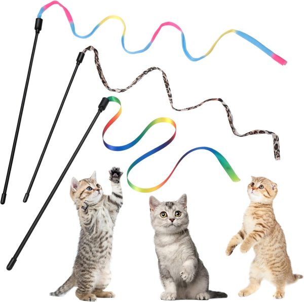 cobee 3 Packs Cat Wand Toy Set, 30cm Cat Interactive Wand with 60cm Rainbow Ribbon String+ Rainbow Cloth String + Leopard Print Cloth String for Pet Kitten Training Exerciser Kitten (3 Pcs)