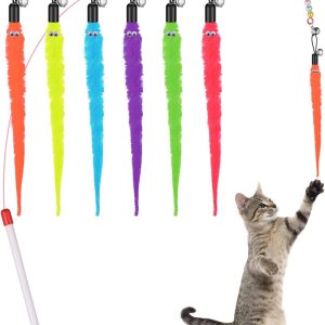 cobee Cat Wand Toy Cat Feather Toys Cat Wand Toy Set Retractable Interactive Cat Wand Rod 6pcs Colourful Refills Worms with Bells Replacement Refill Furry Tail Worm Interactive Cat Chaser Toys