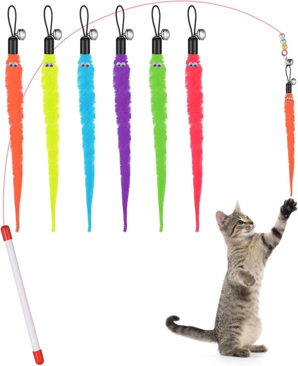 cobee Cat Wand Toy Cat Feather Toys Cat Wand Toy Set Retractable Interactive Cat Wand Rod 6pcs Colourful Refills Worms with Bells Replacement Refill Furry Tail Worm Interactive Cat Chaser Toys