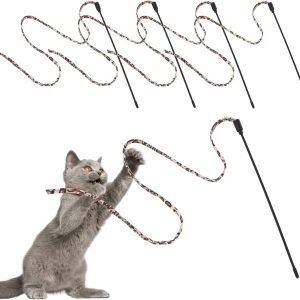 cobee Cat Wand Toys, Cat Interactive Wand Toys Leopard Print Cat Wand String Kitten Ribbon Stick Toy Interactive Cat Toys Cat Wands for Cat Kitten Training Exerciser(5 Pieces, 30cm)